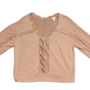 Self E V Neck Long Sleeve Crop Sweater With Lace Trim
